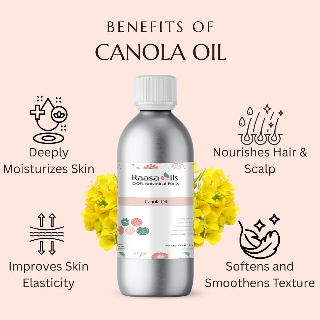 Bottle of Raasa Oils canola oil with benefits listed on a pink background