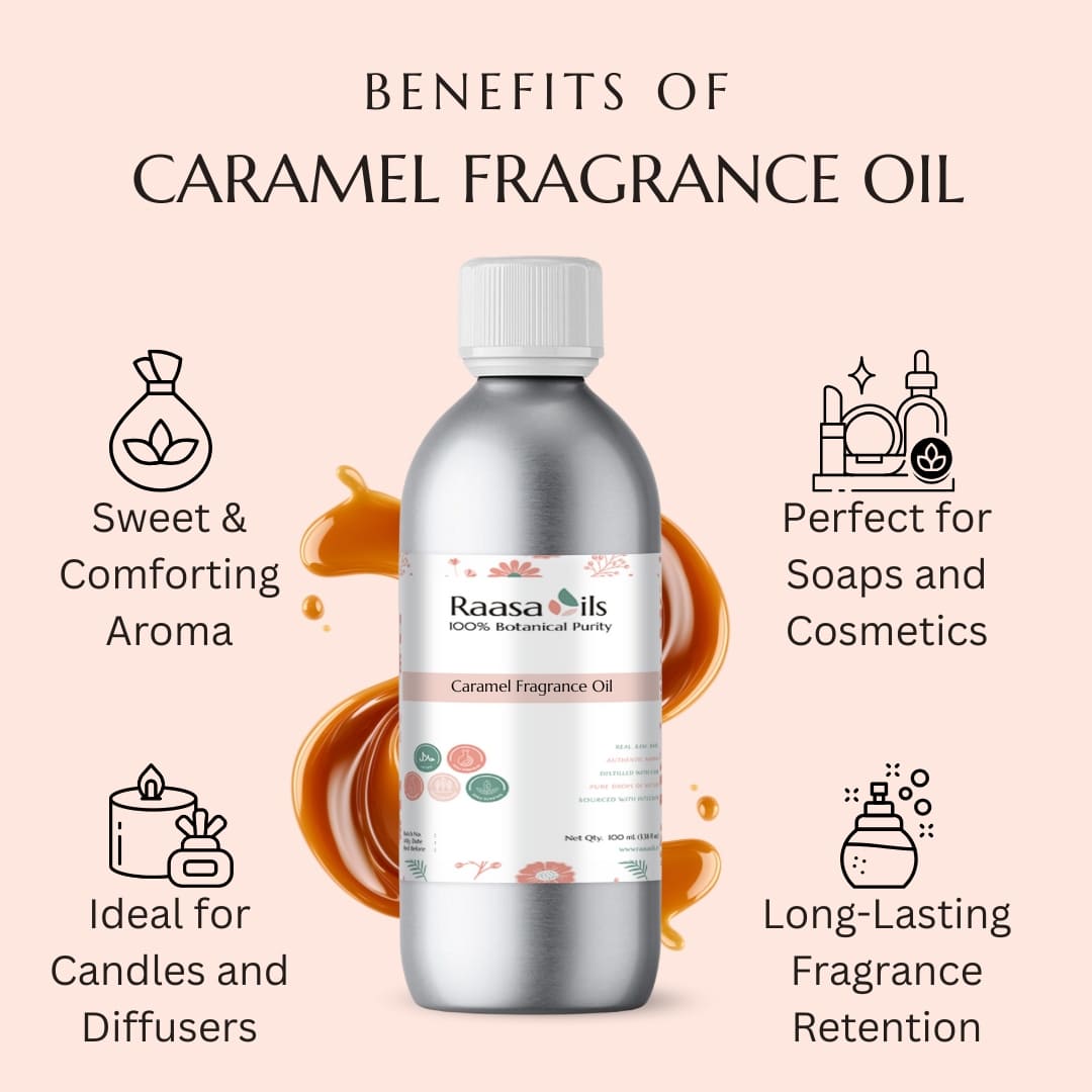 Bottle of caramel fragrance oil with benefits listed on a pink background