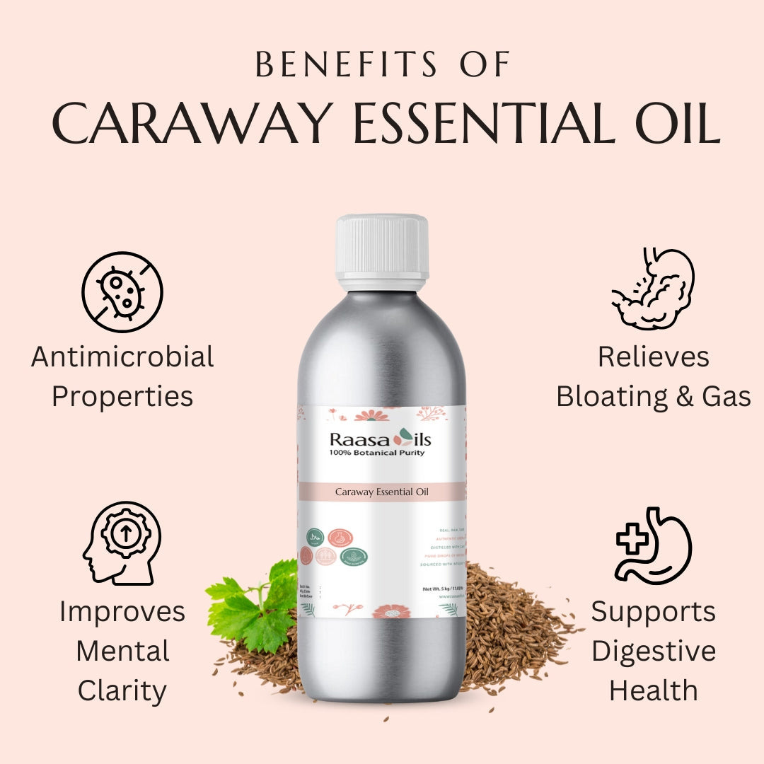 Bottle of Raasa Oils Caraway Essential Oil with benefits listed on a pink background