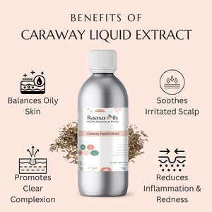 Raasa Oils Caraway Liquid Extract bottle with benefits listed on a pink background