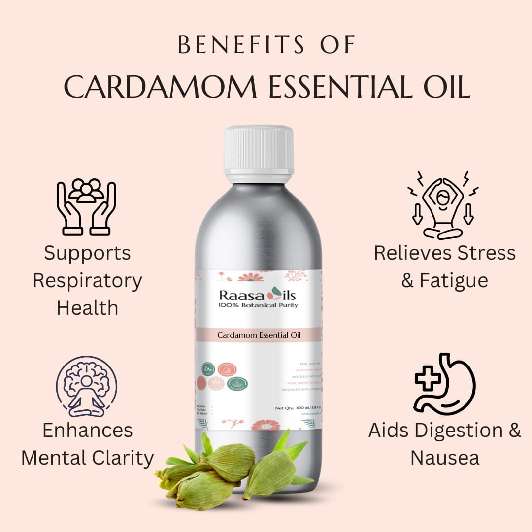 Raasa Oils cardamom essential oil bottle with benefits listed on a pink background