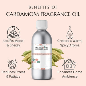 Raasa Oils cardamom fragrance oil bottle with benefits listed on a pink background