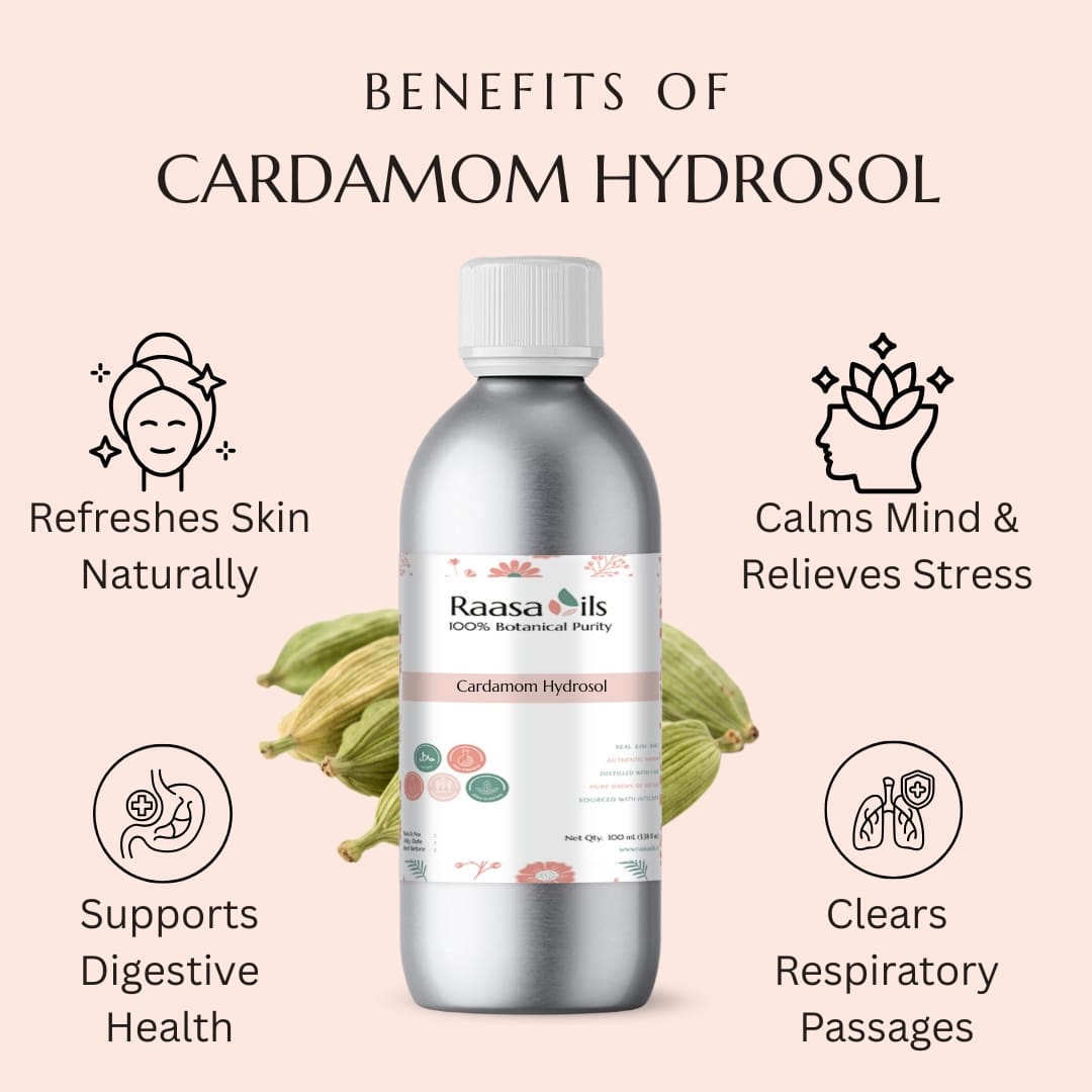 Raasa Oils Cardamom Hydrosol bottle with benefits listed on a pink background