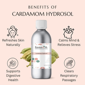 Raasa Oils Cardamom Hydrosol bottle with benefits listed on a pink background