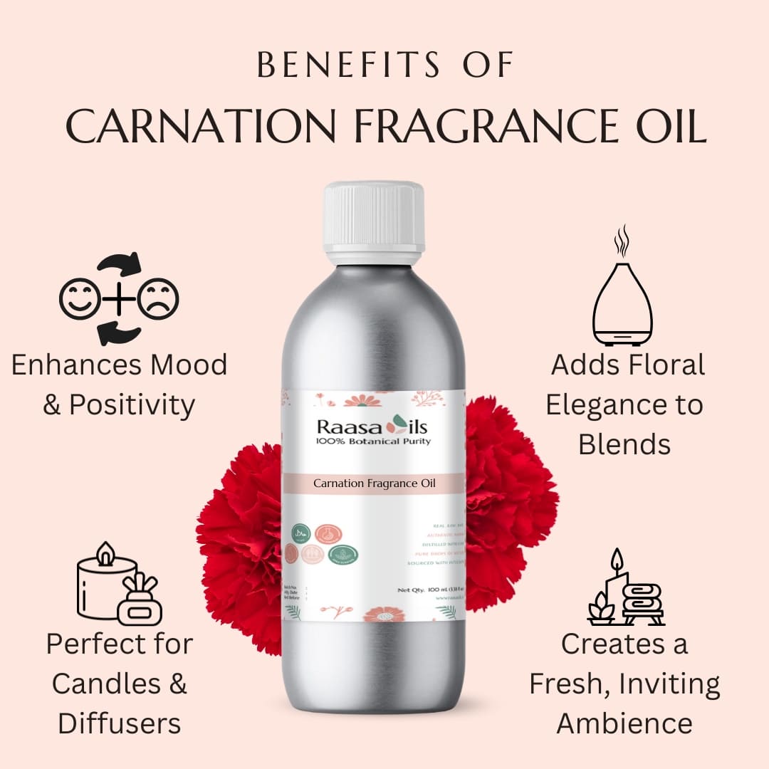 Bottle of Raasa Oils Carnation Fragrance Oil with benefits listed on a pink background