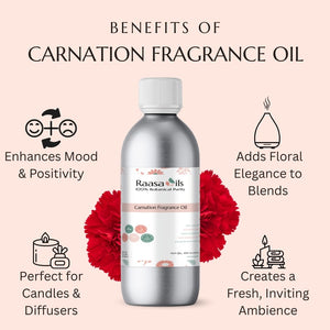 Bottle of Raasa Oils Carnation Fragrance Oil with benefits listed on a pink background