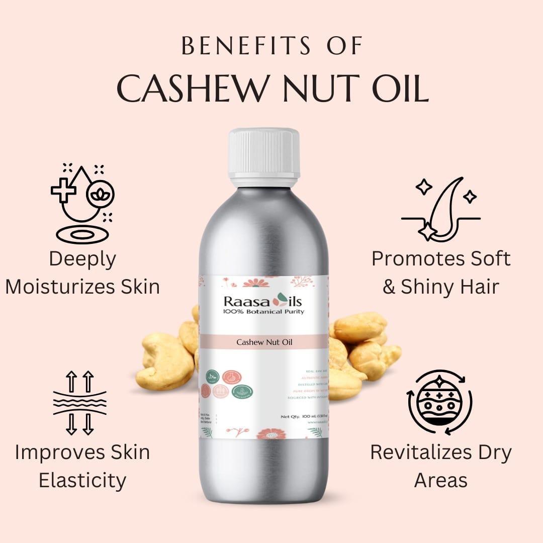 Bottle of Raasa Oils Cashew Nut Oil with benefits listed on a pink background