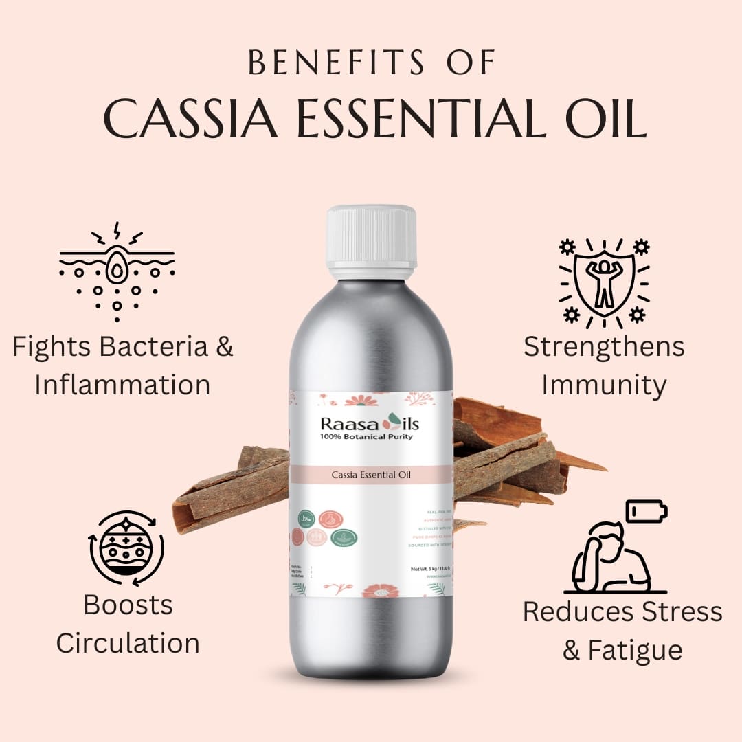 Bottle of Raasa Oils Cassia Essential Oil with benefits listed on a light pink background