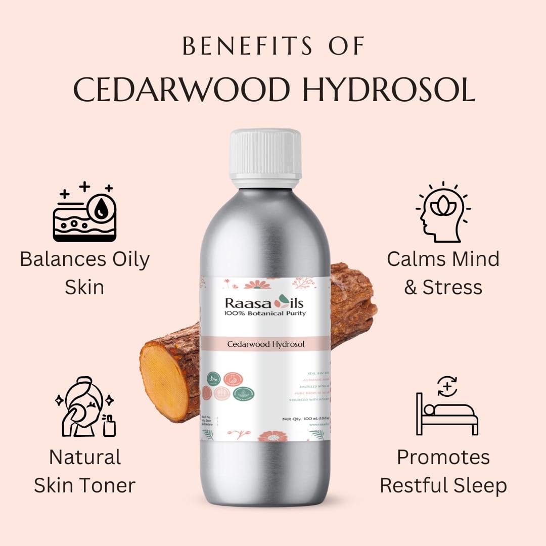 Bottle of Raasa Oils Cedarwood Hydrosol with benefits listed on a pink background