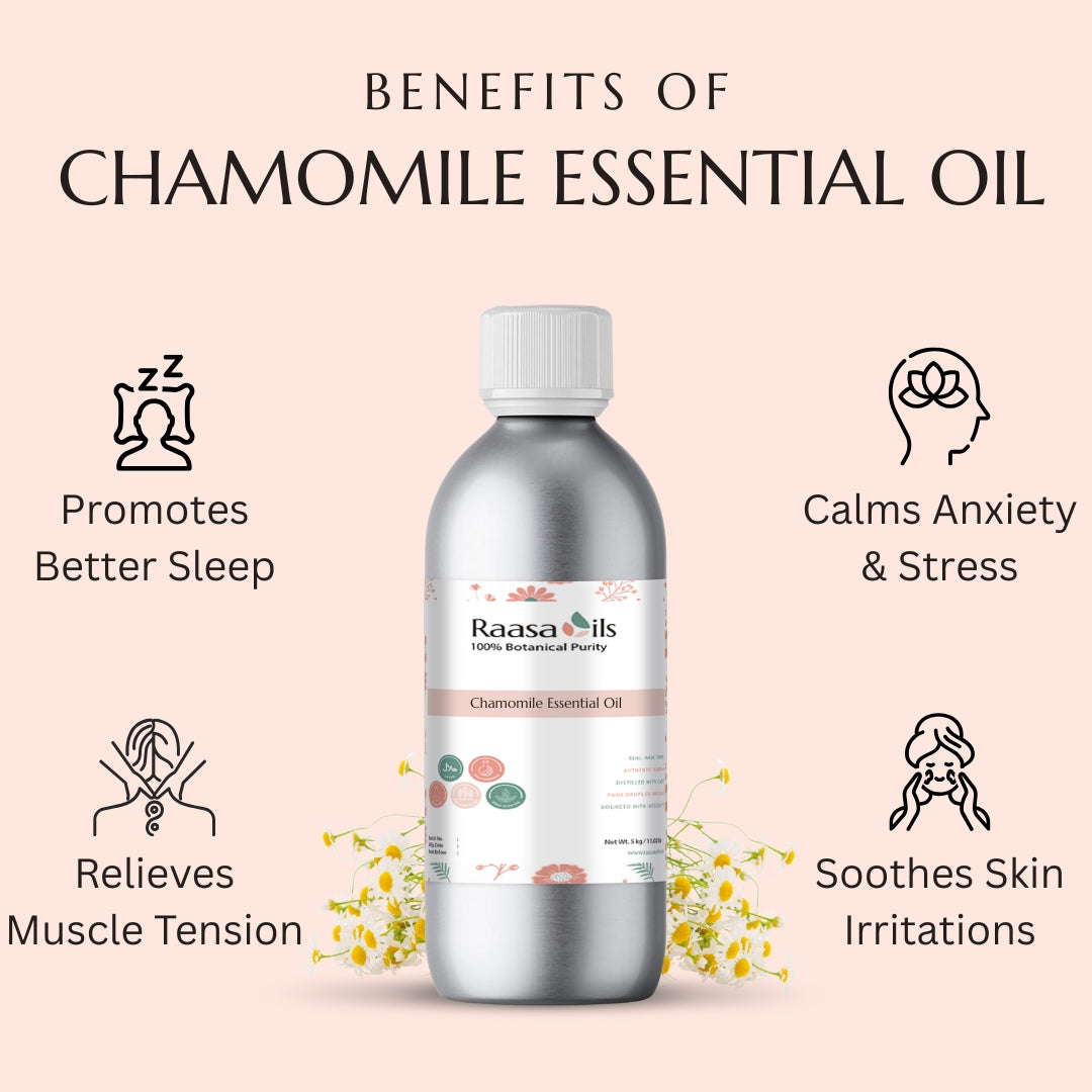 Bottle of Raasa Oils Chamomile Essential Oil with benefits listed on a pink background