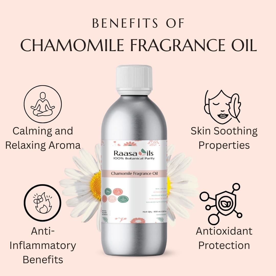 Chamomile fragrance oil bottle with benefits listed on a light pink background