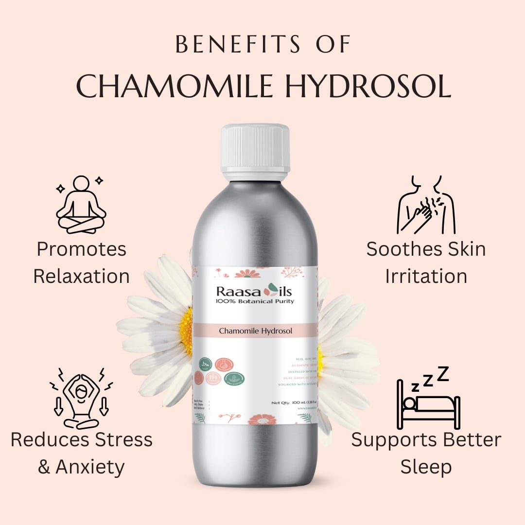 Chamomile hydrosol bottle with benefits listed on a pink background