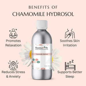 Chamomile hydrosol bottle with benefits listed on a pink background