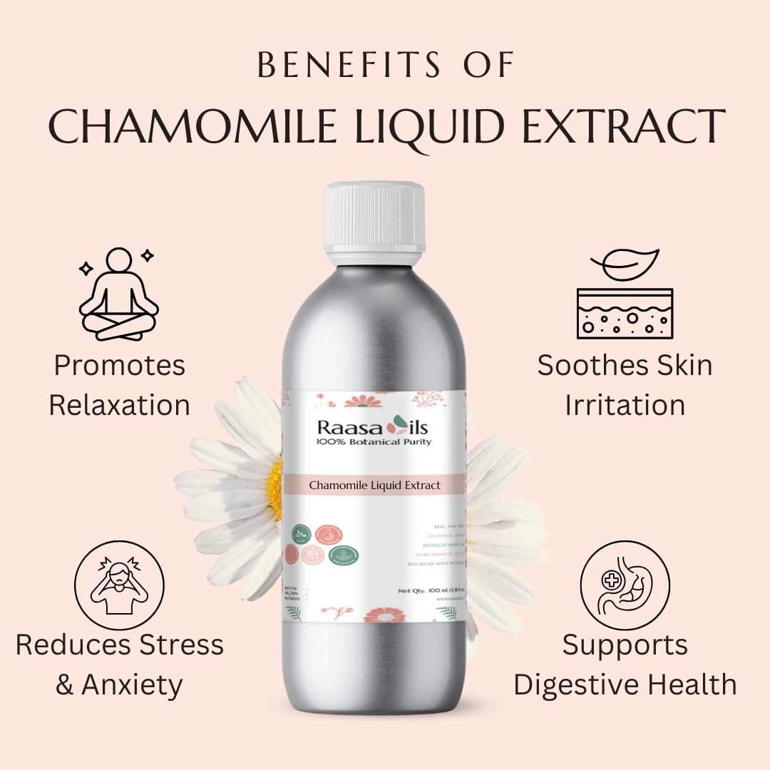 Chamomile liquid extract bottle with benefits listed on a pink background