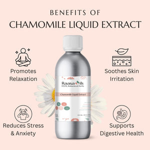 Chamomile liquid extract bottle with benefits listed on a pink background