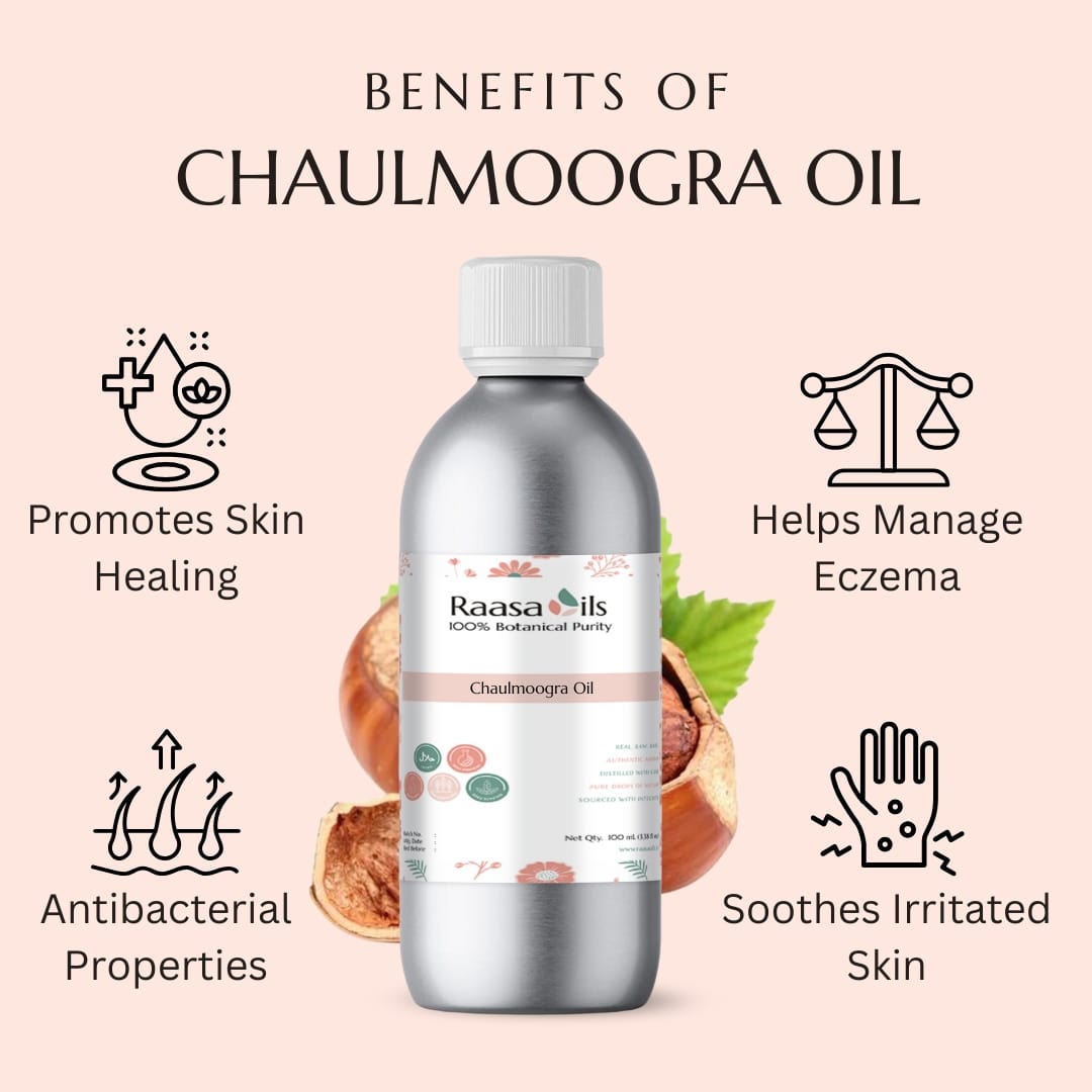 Bottle of Raasa Oils Chaulmoogra Oil with benefits listed on a pink background