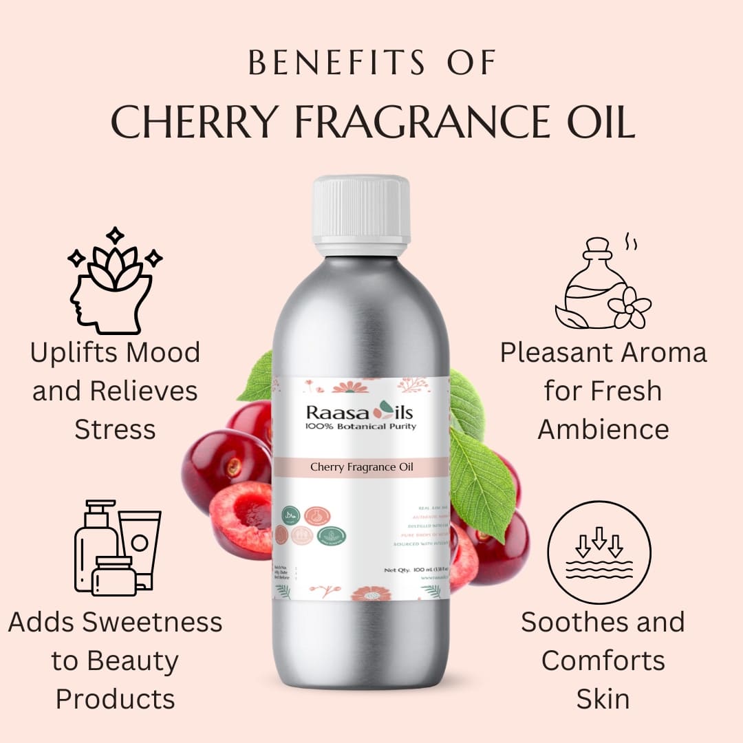 Bottle of cherry fragrance oil with benefits listed on a pink background