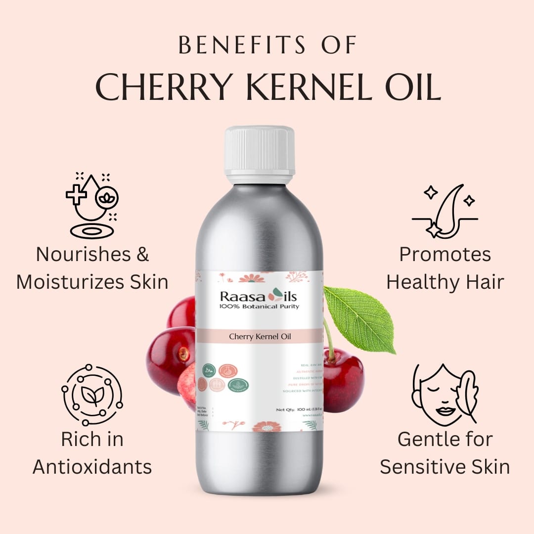 Bottle of Raasa Oils Cherry Kernel Oil with benefits listed on a pink background