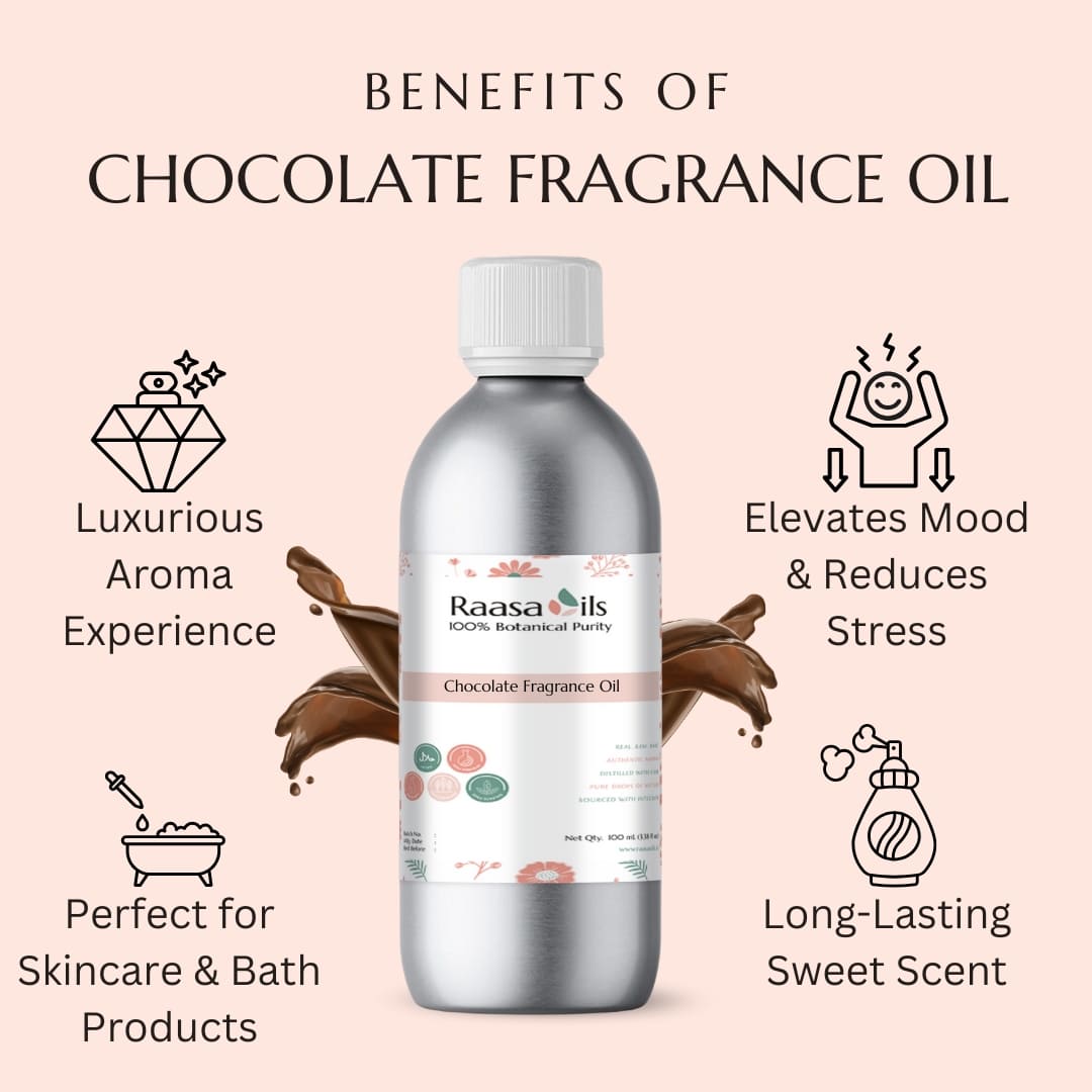 Bottle of Raasa Oils Chocolate Fragrance Oil with benefits listed on a pink background