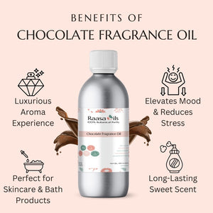 Bottle of Raasa Oils Chocolate Fragrance Oil with benefits listed on a pink background