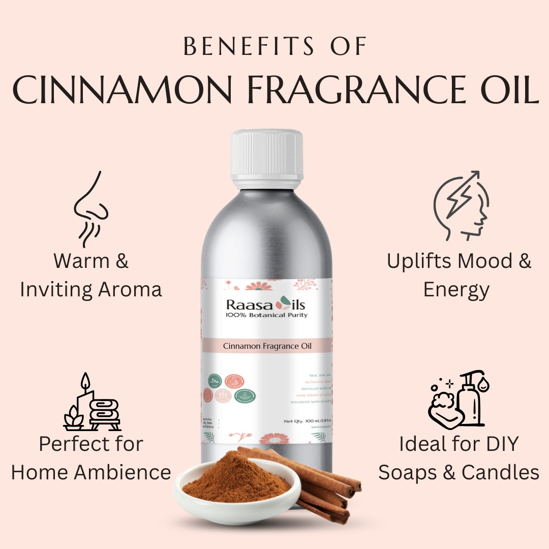 Bottle of Raasa Oils Cinnamon Fragrance Oil with benefits listed on a pink background