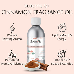 Bottle of Raasa Oils Cinnamon Fragrance Oil with benefits listed on a pink background