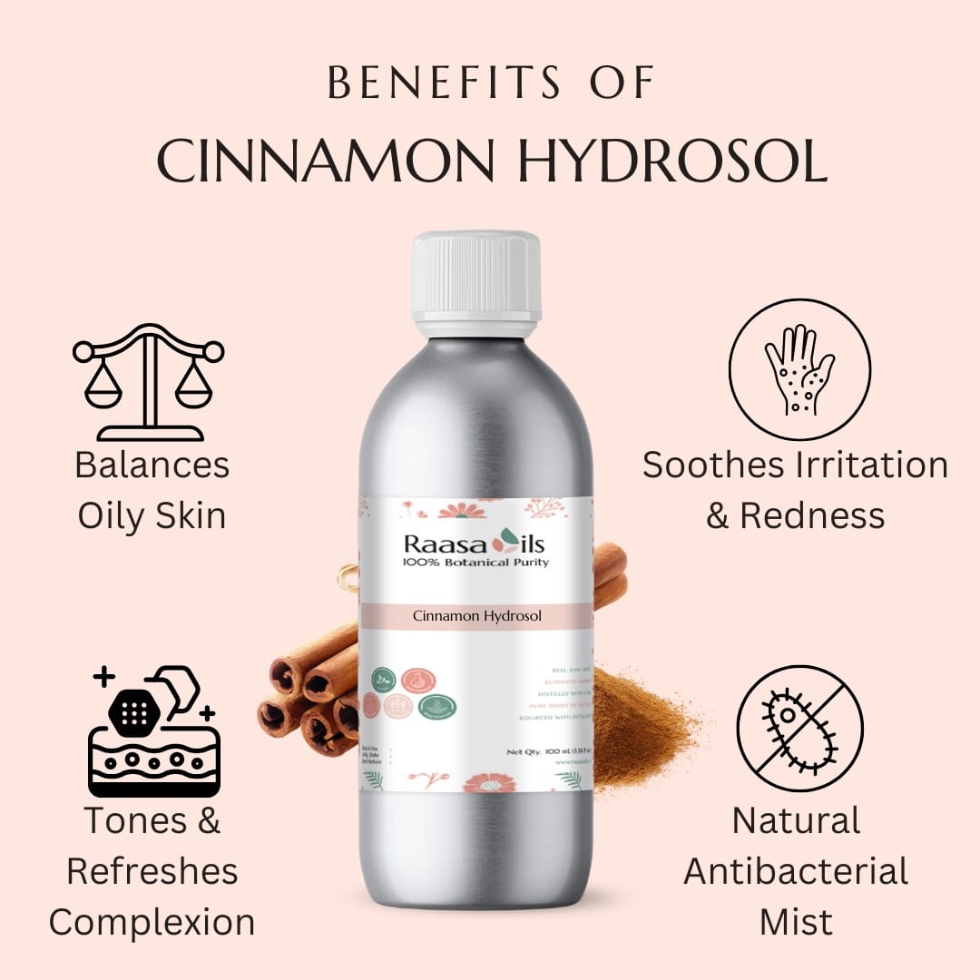 Cinnamon hydrosol bottle with benefits listed on a beige background