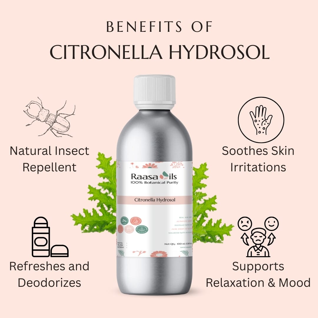 Bottle of Raasa Oils Citronella Hydrosol with benefits listed on a light pink background