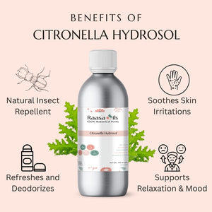Bottle of Raasa Oils Citronella Hydrosol with benefits listed on a light pink background