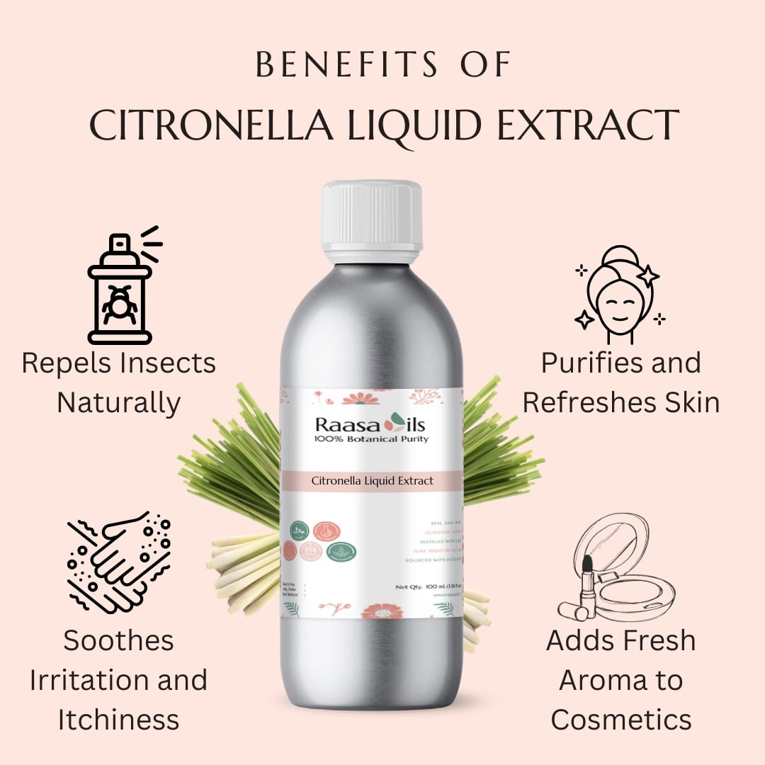 Bottle of Raasa Oils Citronella Liquid Extract with benefits listed on a pink background