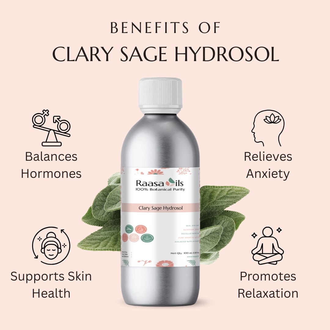 Raasa Oils Clary Sage Hydrosol bottle with benefits listed on a light pink background