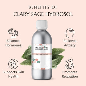 Raasa Oils Clary Sage Hydrosol bottle with benefits listed on a light pink background