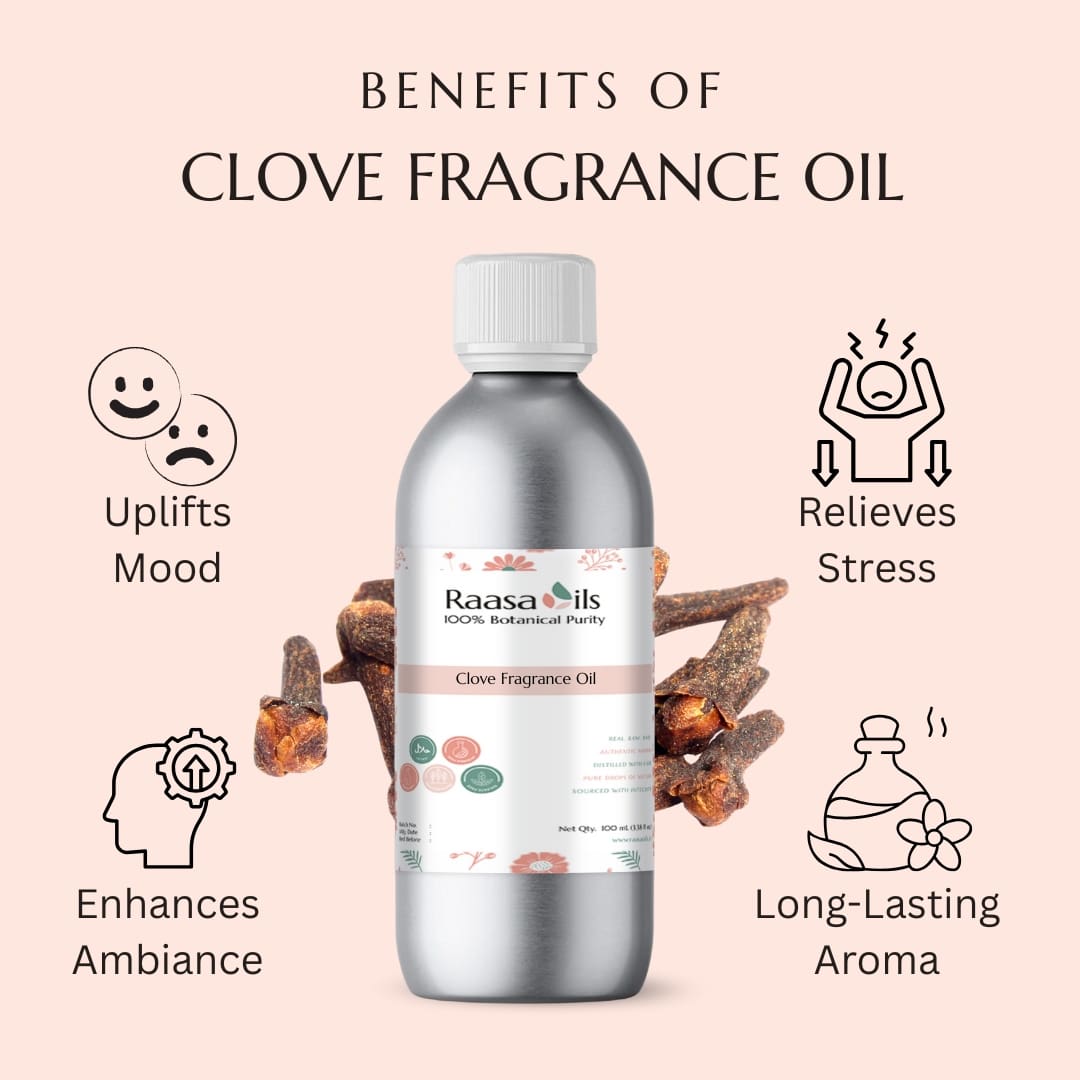 Raasa Oils clove fragrance oil bottle with benefits listed on a pink background