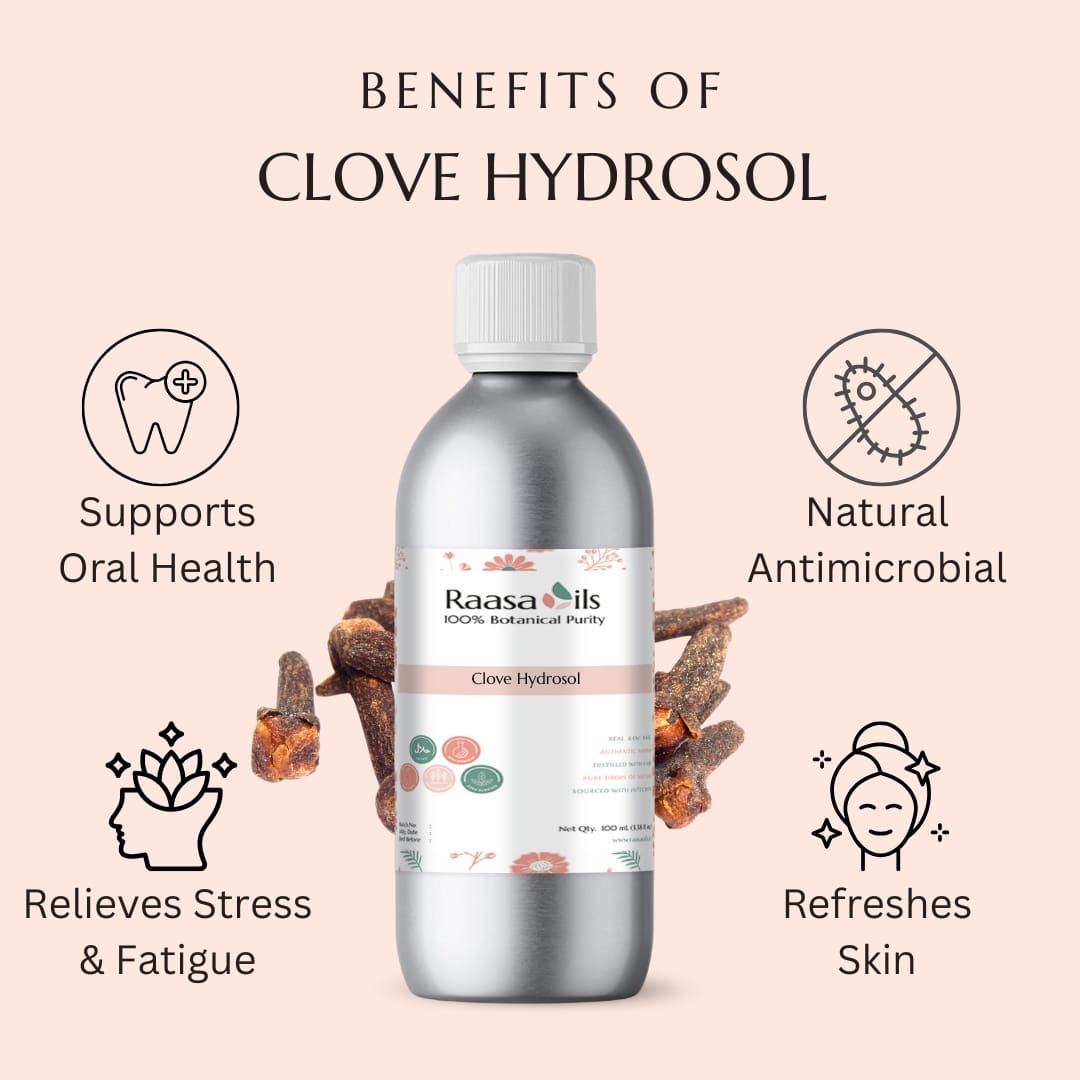 Raasa Oils clove hydrosol bottle with benefits listed on a pink background