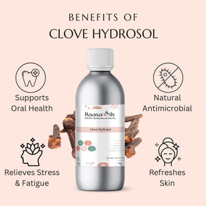Raasa Oils clove hydrosol bottle with benefits listed on a pink background