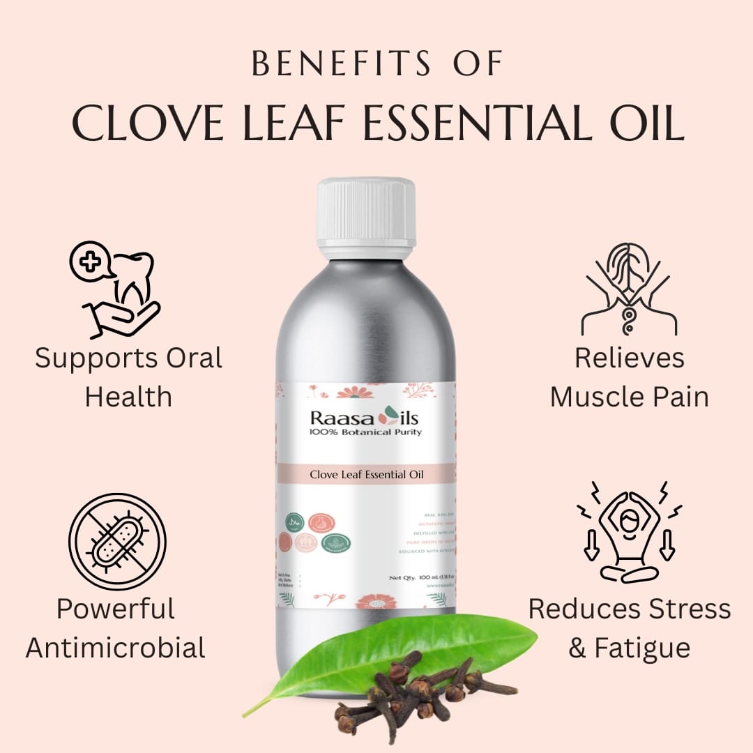 Bottle of Raasa Oils Clove Leaf Essential Oil with benefits listed on a pink background