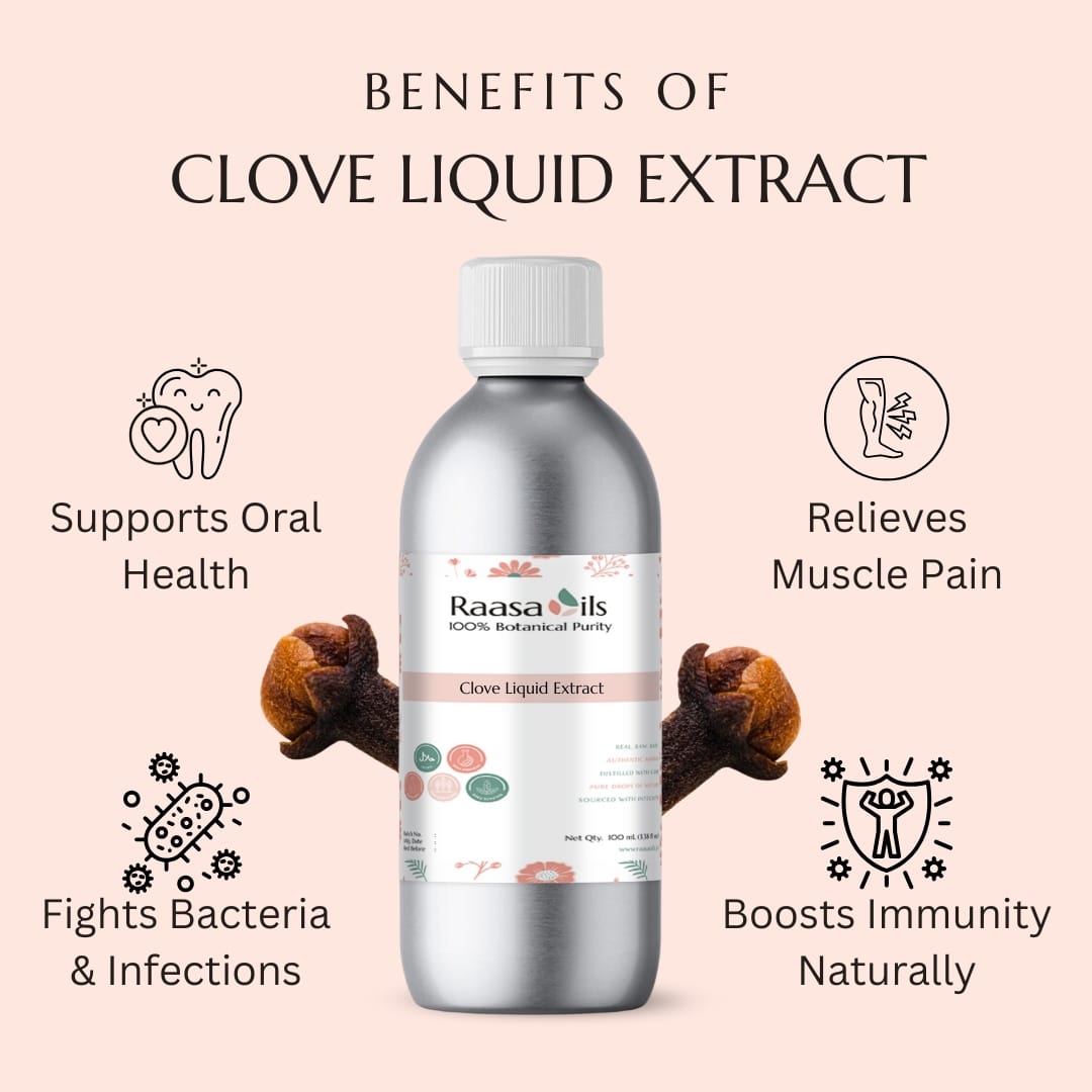 Raasa Oils clove liquid extract bottle with benefits listed on a pink background