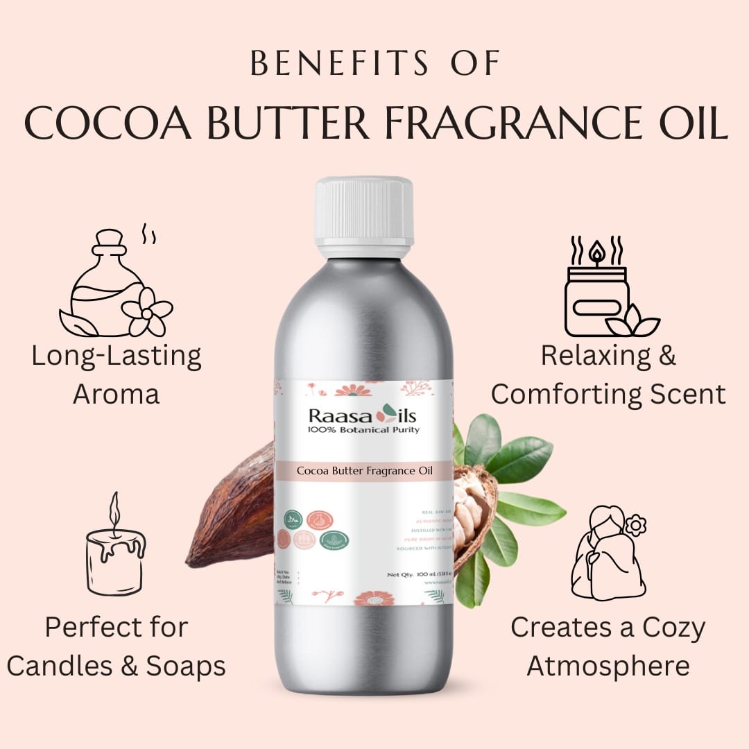 Cocoa butter fragrance oil bottle with benefits listed on a pink background
