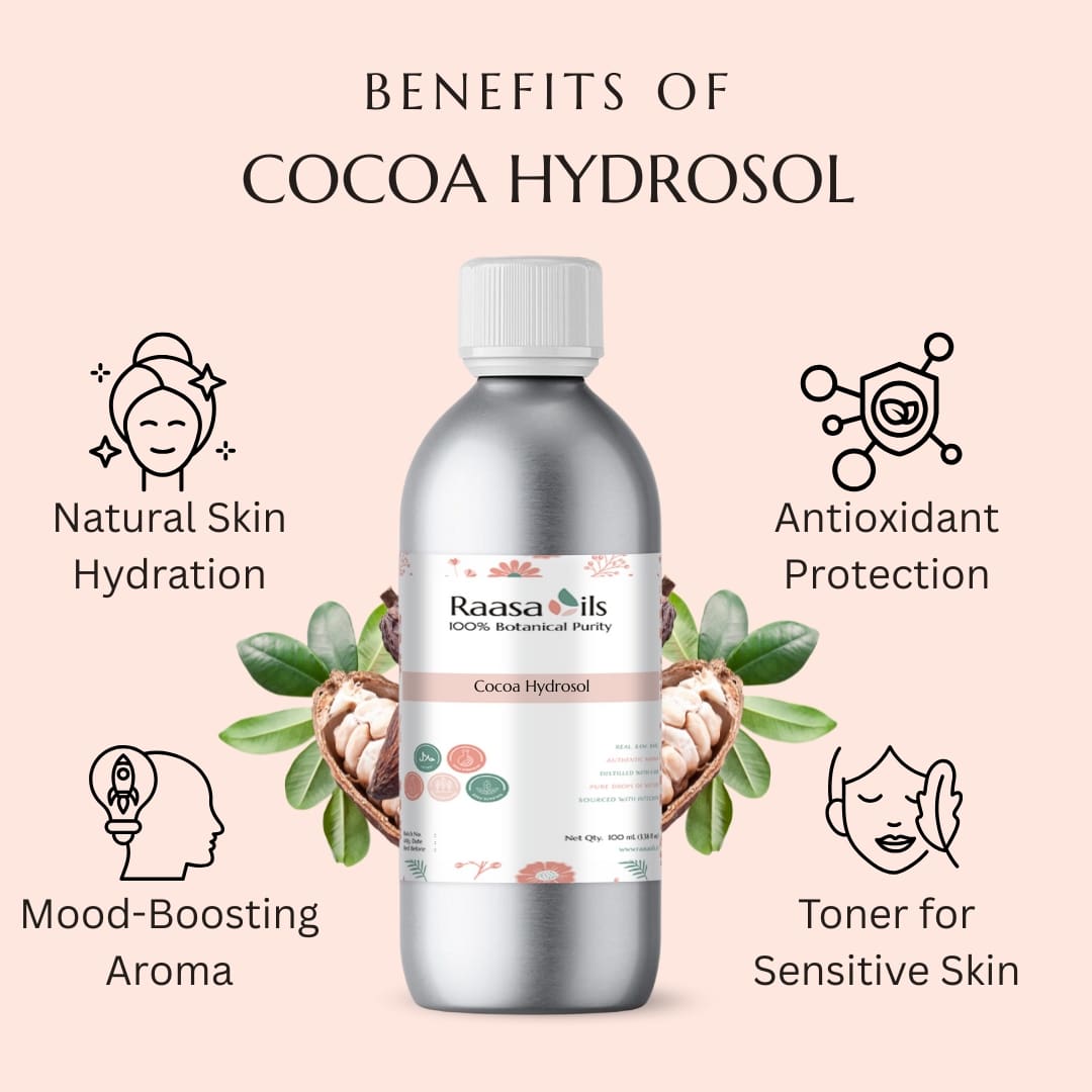 Cocoa hydrosol bottle with benefits listed on a pink background
