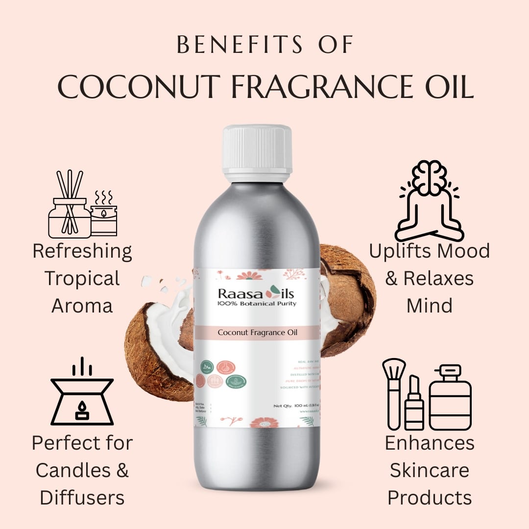 Coconut fragrance oil bottle with benefits listed on a light pink background