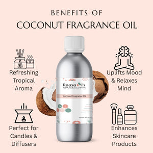 Coconut fragrance oil bottle with benefits listed on a light pink background