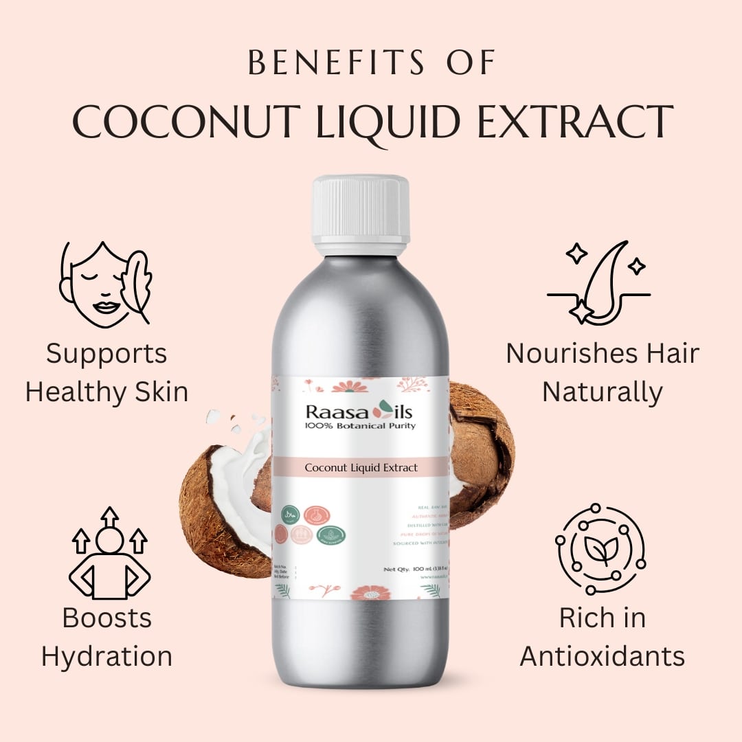 Bottle of Raasa Oils Coconut Liquid Extract with benefits listed on a pink background