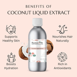 Bottle of Raasa Oils Coconut Liquid Extract with benefits listed on a pink background