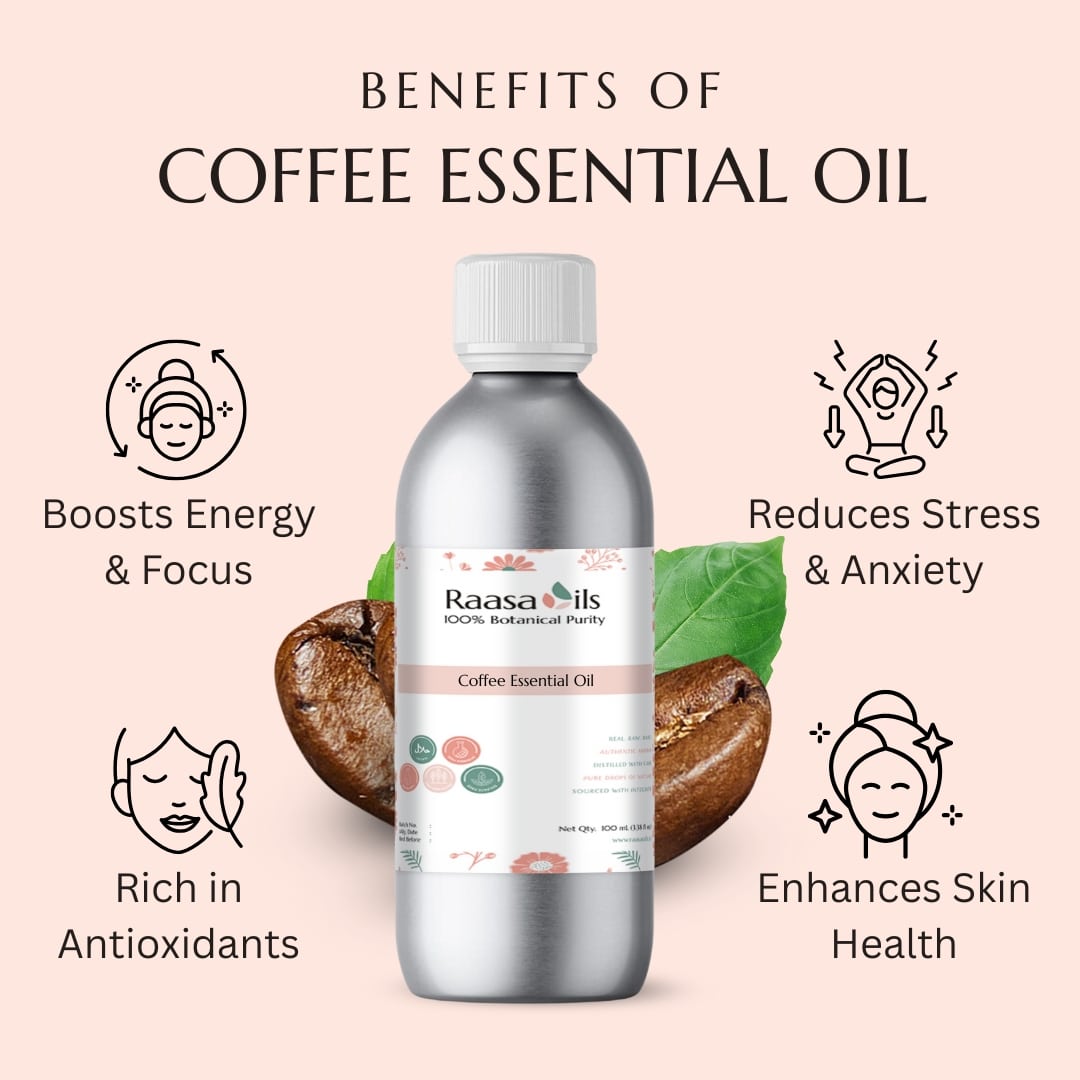 Raasa Oils Coffee Essential Oil bottle with benefits listed on a pink background