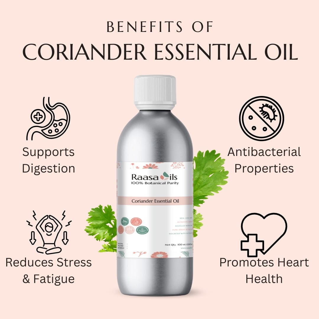 Raasa Oils Coriander Essential Oil bottle with benefits listed on a pink background