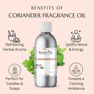 Raasa Oils Coriander Fragrance Oil bottle with benefits listed on a pink background