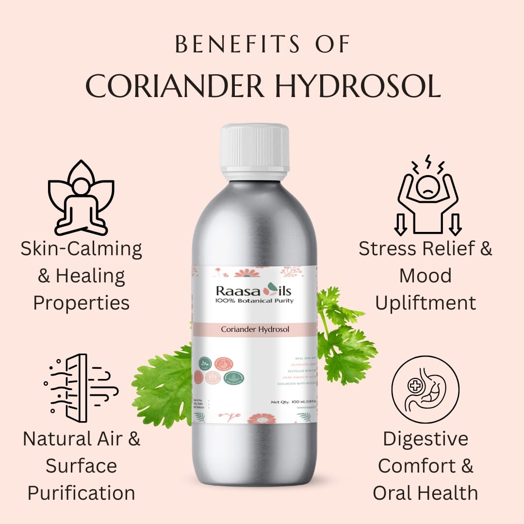 Bottle of Raasa Oils Coriander Hydrosol with benefits listed on a pink background