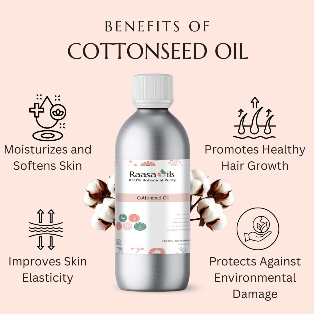 Bottle of Raasa Oils cottonseed oil with benefits listed on a pink background