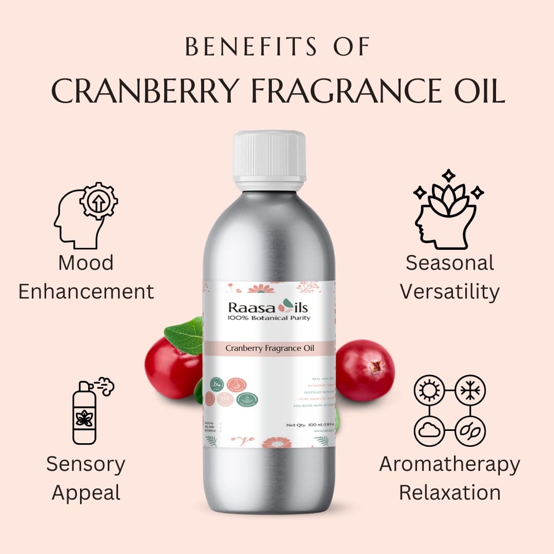 Raasa Oils cranberry fragrance oil bottle with benefits listed on a pink background
