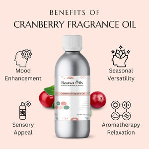 Raasa Oils cranberry fragrance oil bottle with benefits listed on a pink background